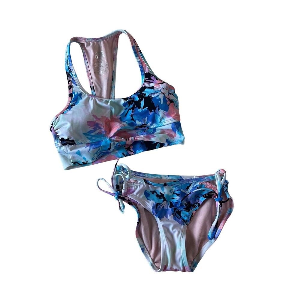 JoyLab Womens XS Floral Knot Front Bralette Bikini Top Tie Bottoms Blue #6870